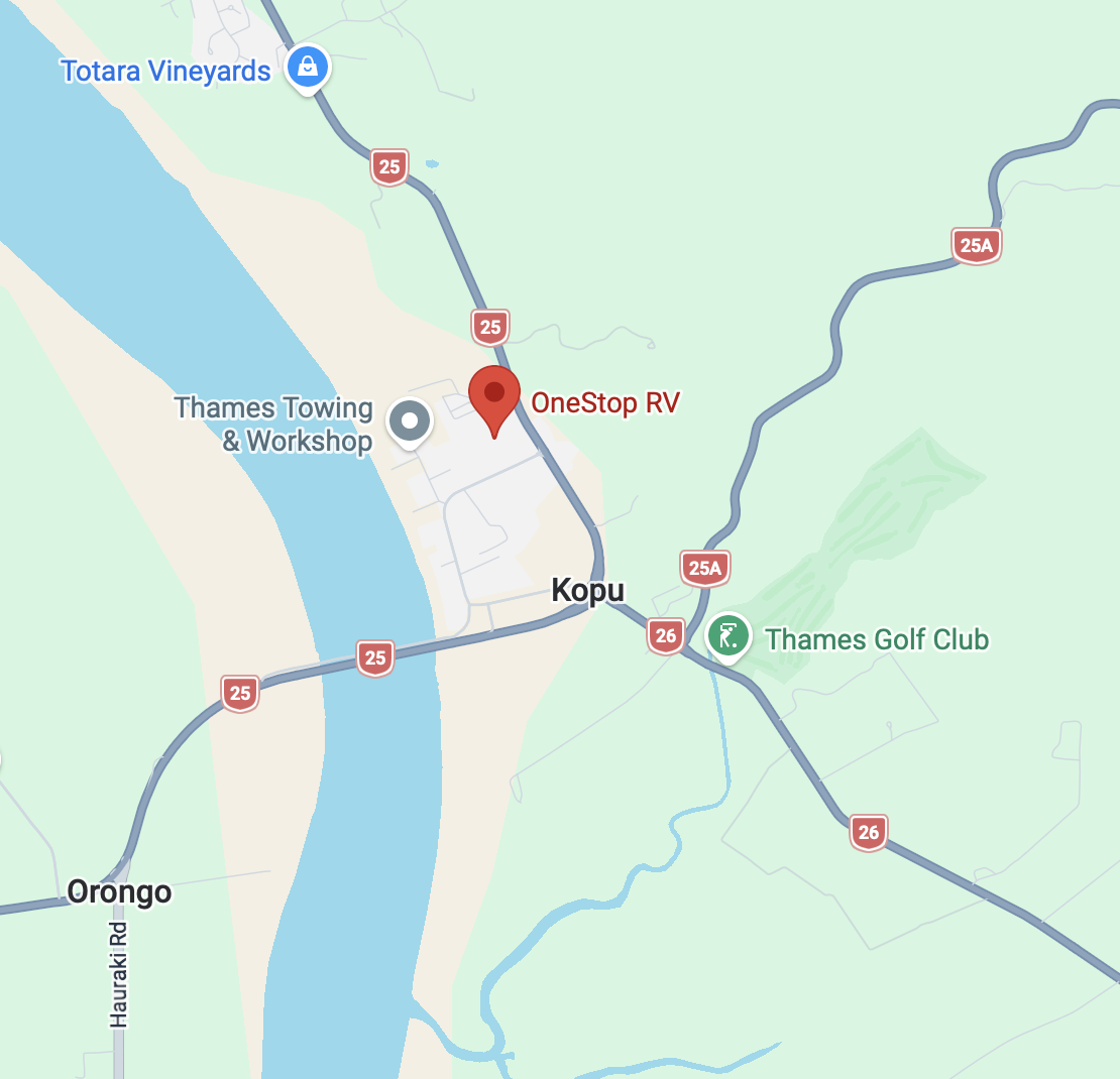 Map showing OneStop RV location at 14b Kopu Road, Kopu, Thames