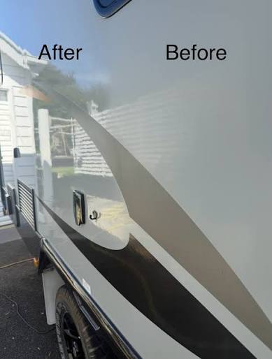 Motorhome panel before and after cut and polish